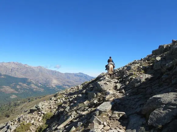 A person riding a horse on a rocky mountain.