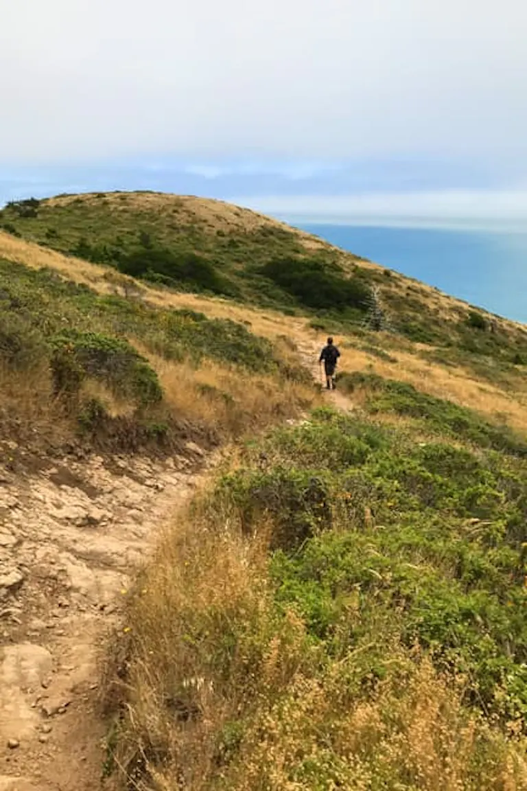 solo hiker using trekking poles on a mountainous terrain