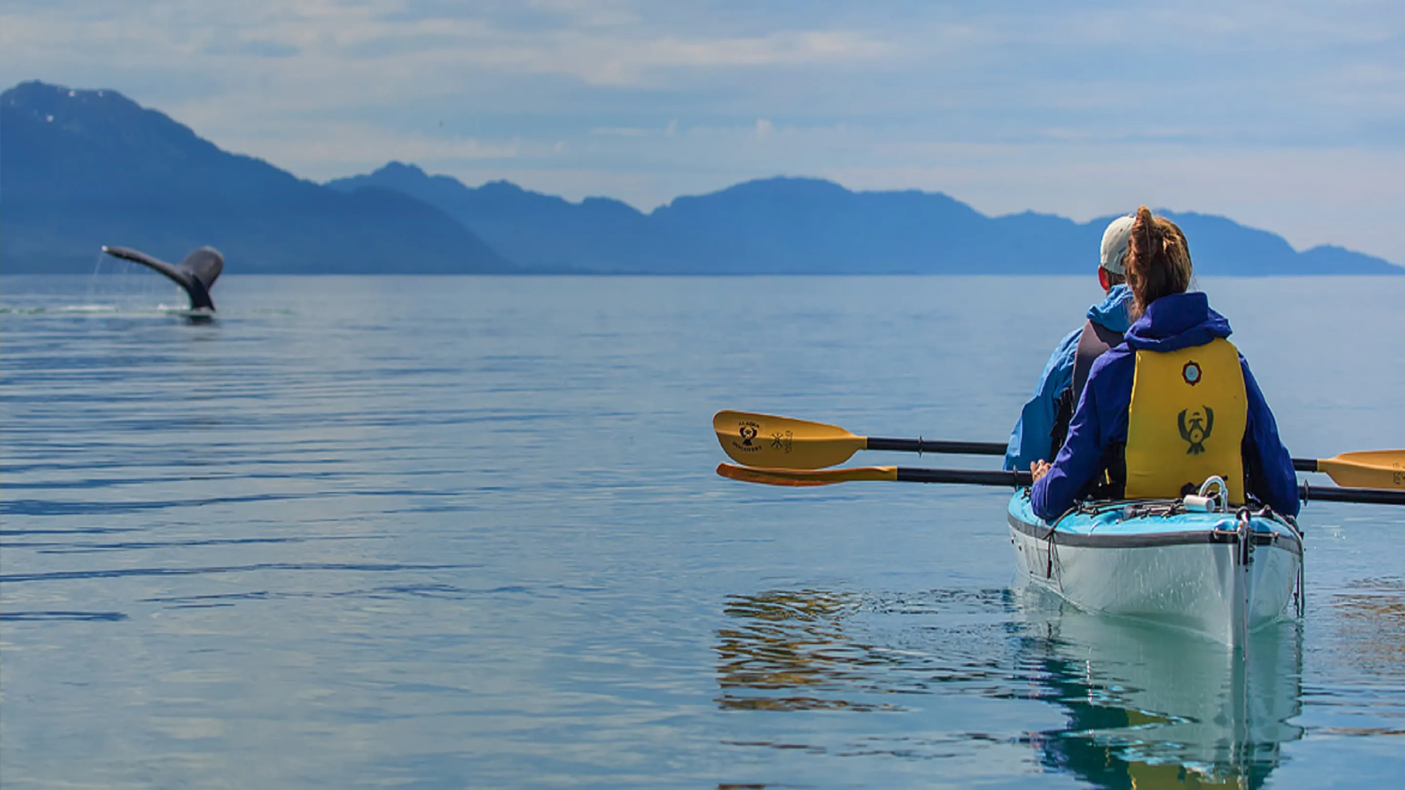 Two people paddling a kayak in the water with a humpback whale in the background.