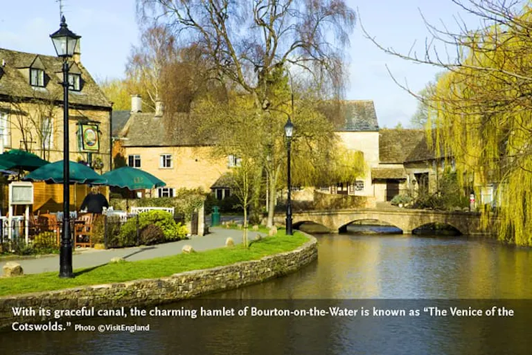 A picturesque view of The Venice of the Cotswolds, the charming hamlet of Bourton-on-the-Water