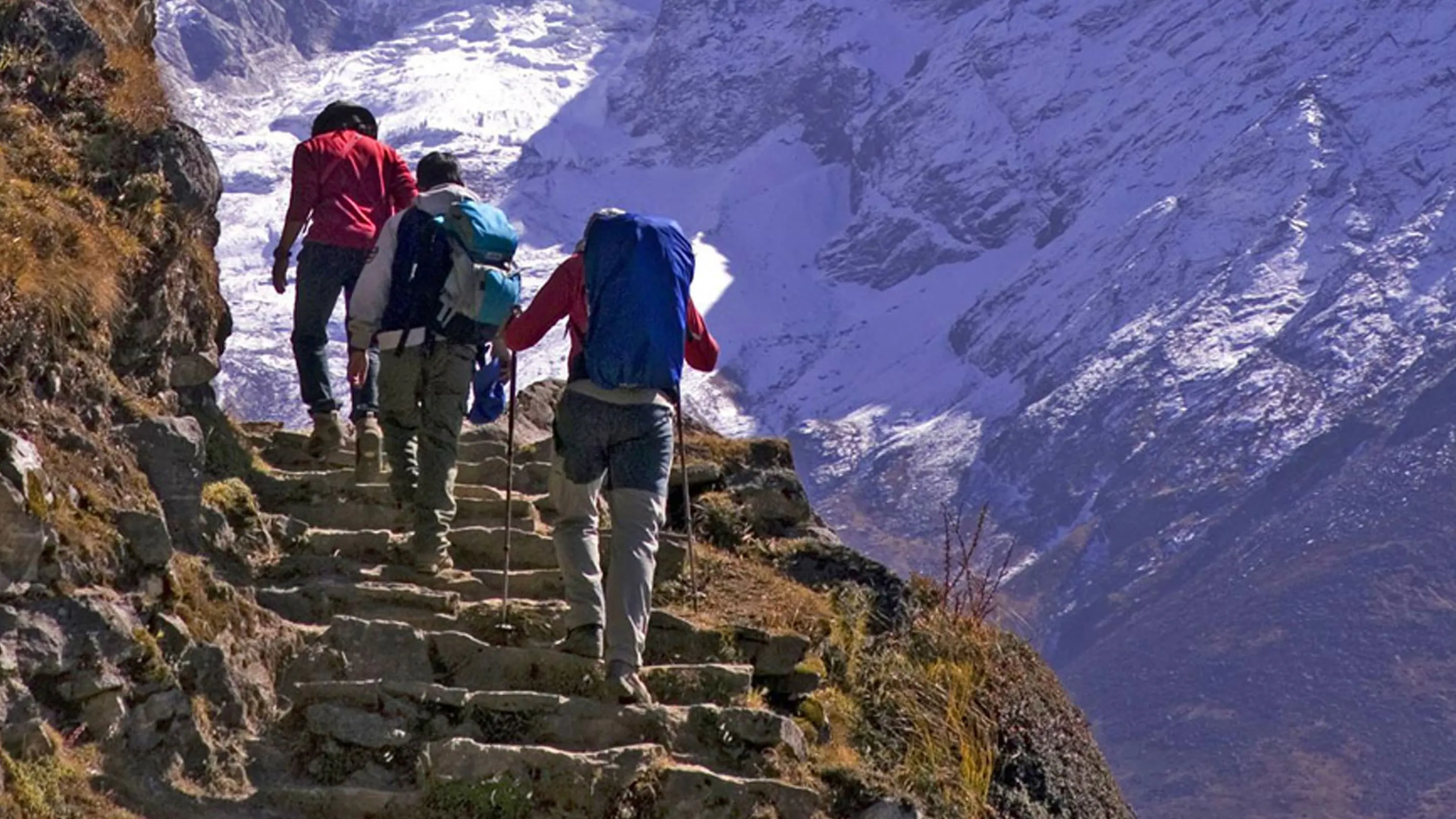 A group of people walking up a set of steps in a snowy mountain.