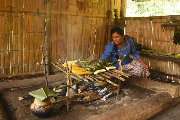 A woman is cooking food in a wooden hut.