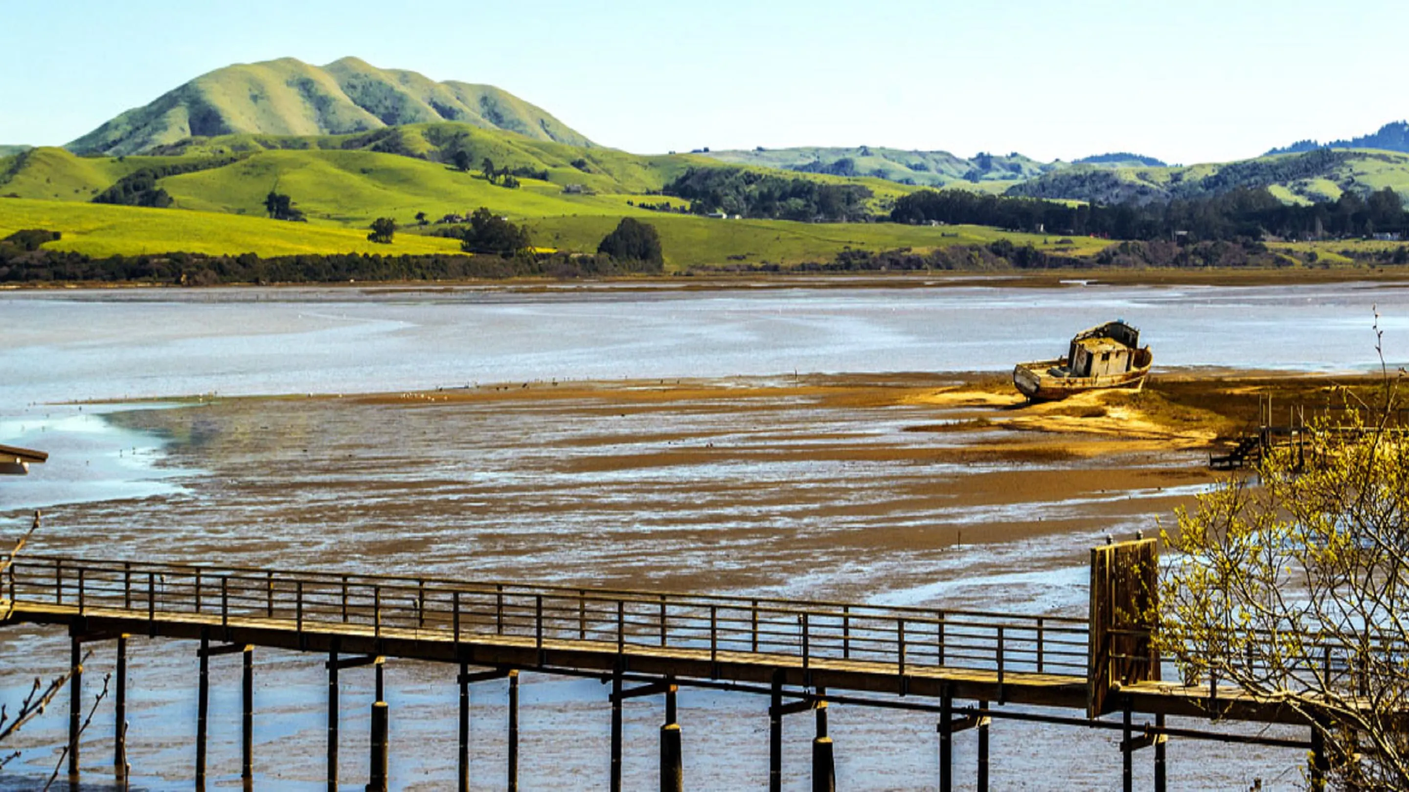 A wooden bridge over a body of water.