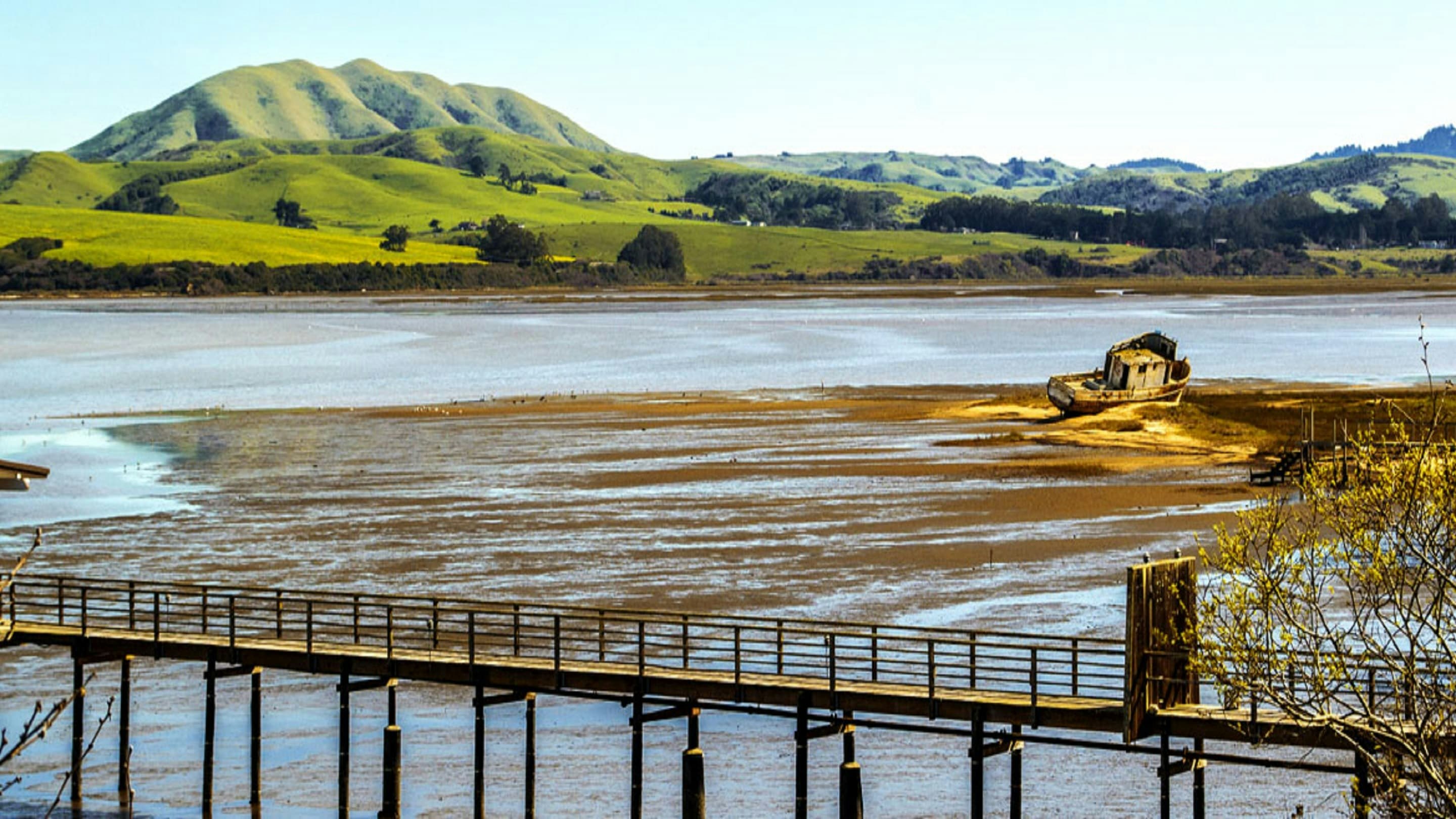 A wooden bridge over a body of water.