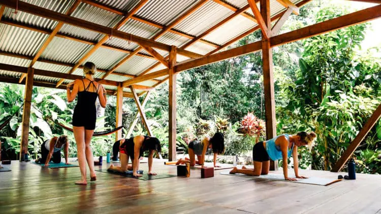 A group of people practicing yoga in a wooden shed.
