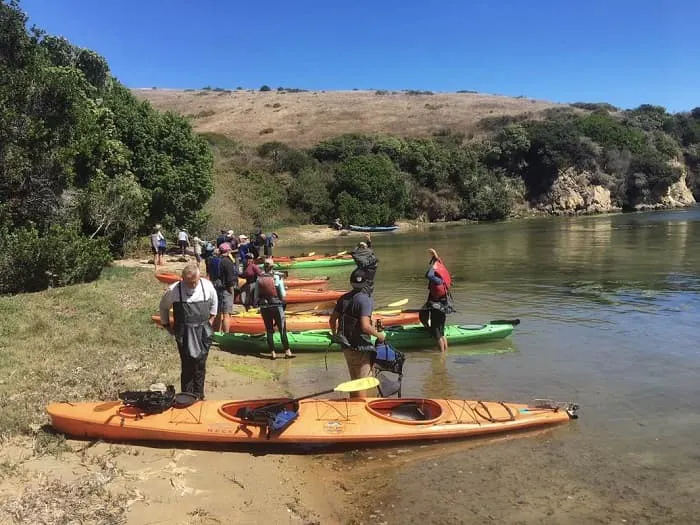 A group of people standing on the shore of a body of water with kayaks.