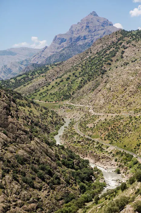 A valley with a river and mountains in the background.