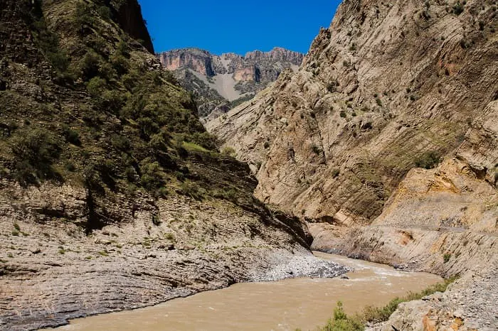 A river running through a canyon with mountains in the background.