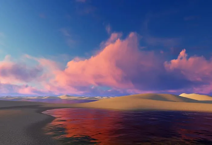 An image of a desert with sand dunes and water.