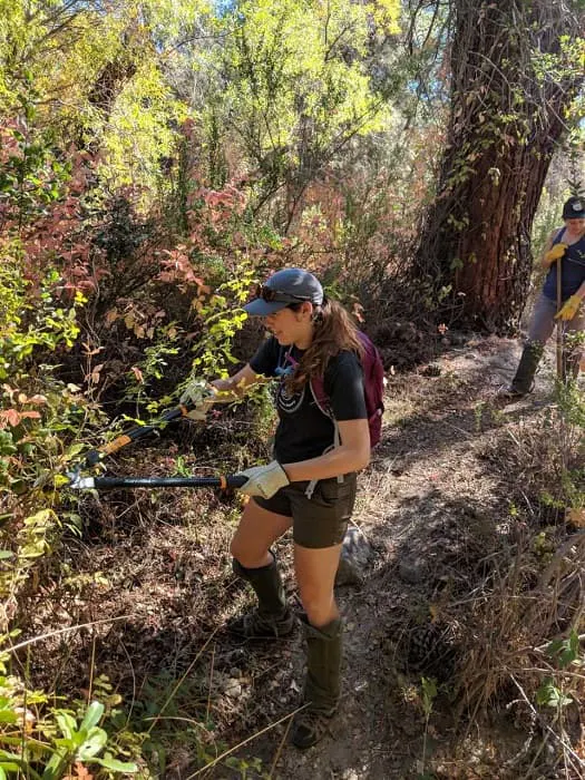 Two women are walking down a trail in the woods.