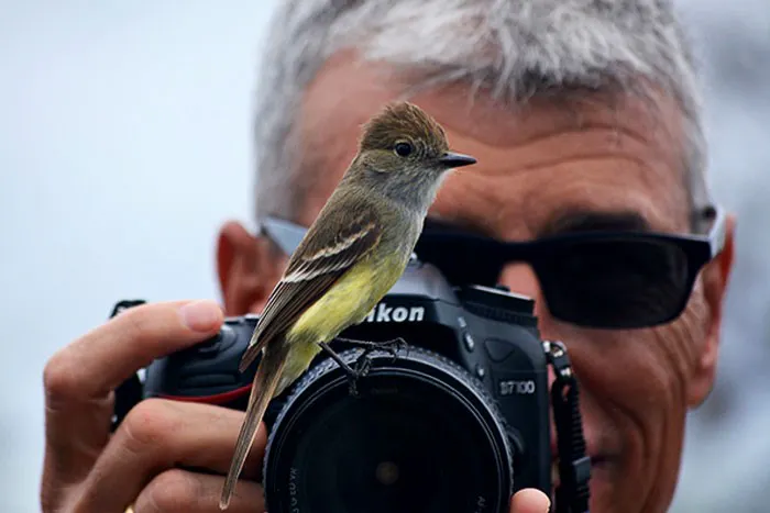 A man holding a camera with a bird on it.