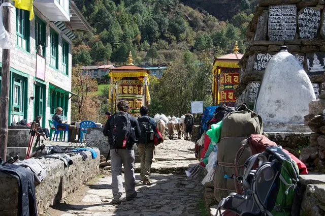 A group of people walking down a narrow path with a lot of backpacks.