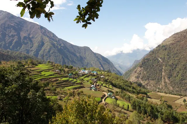 A view of a village in the mountains.