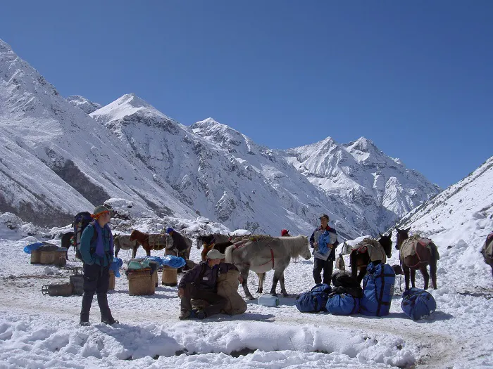 A group of people standing in front of a snowy mountain.
