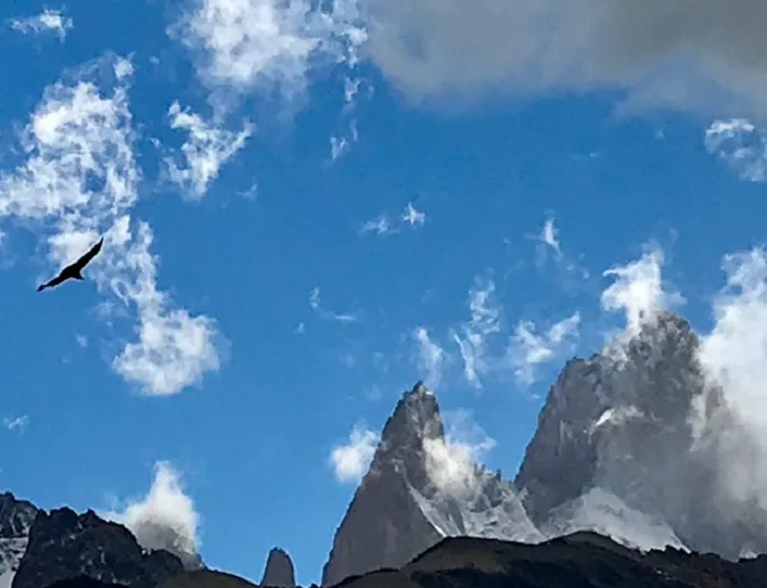 A bird flies over a mountain in the sky.