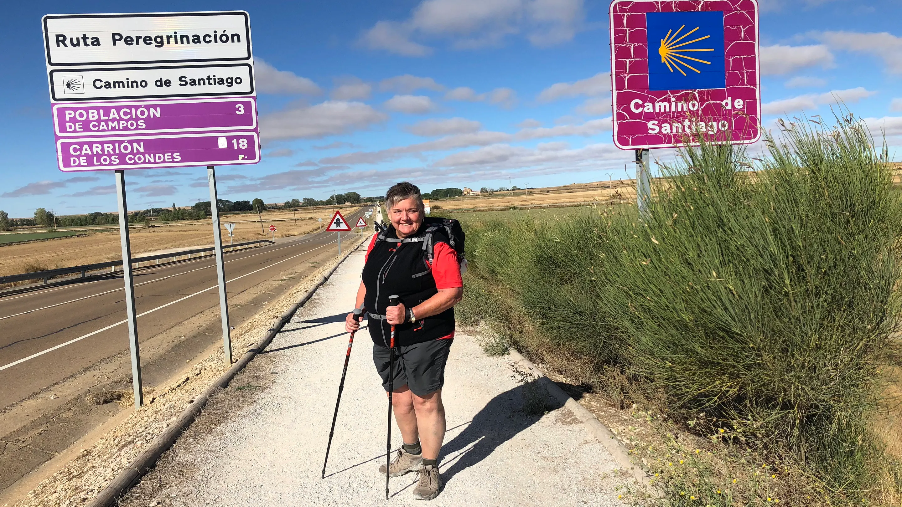 A man with ski poles standing next to a road sign.