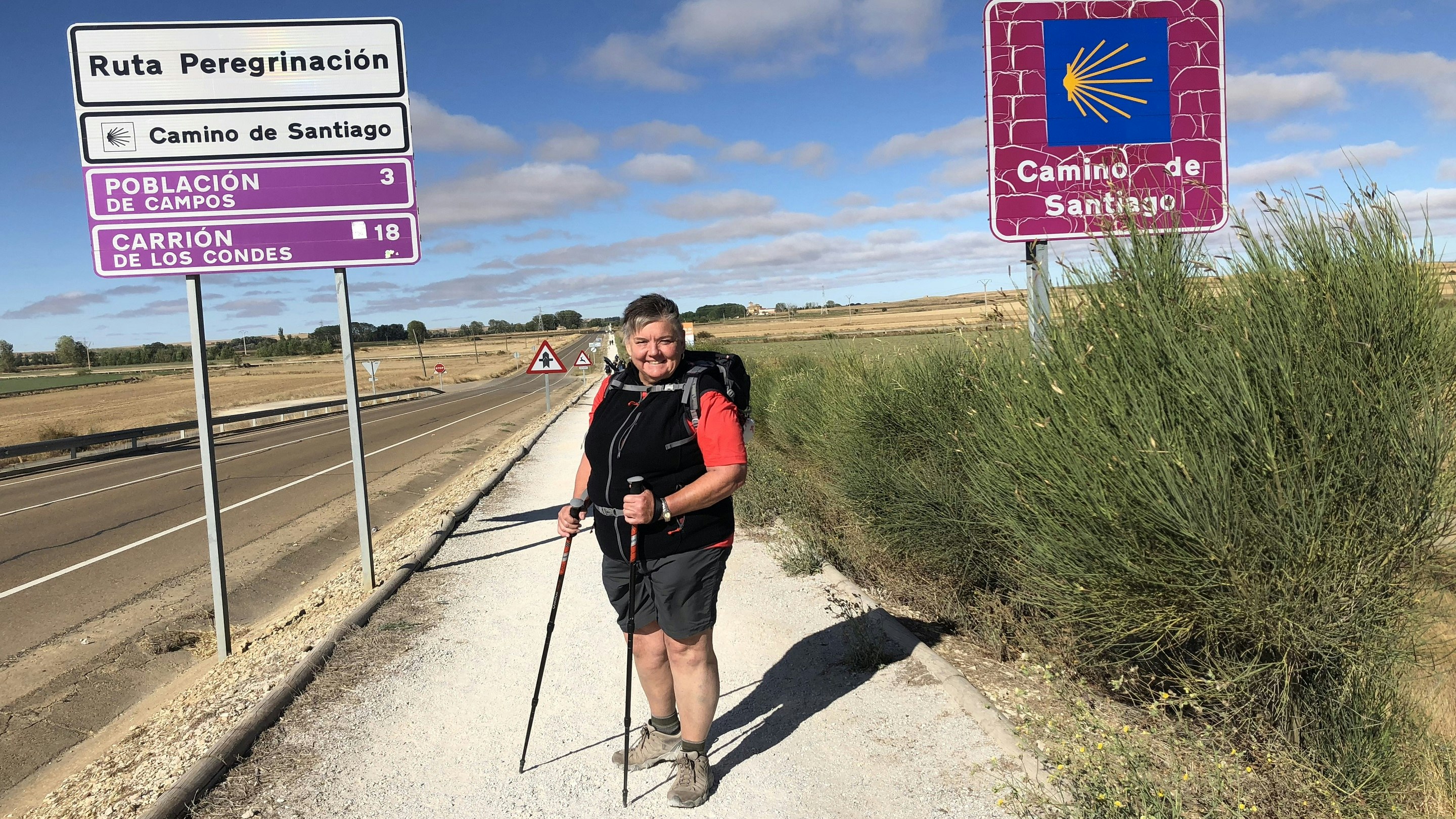 A man with ski poles standing next to a road sign.