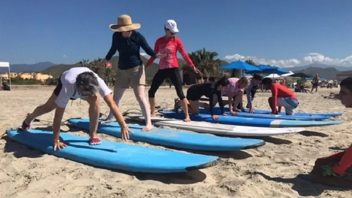 A group of people on surfboards on the beach.