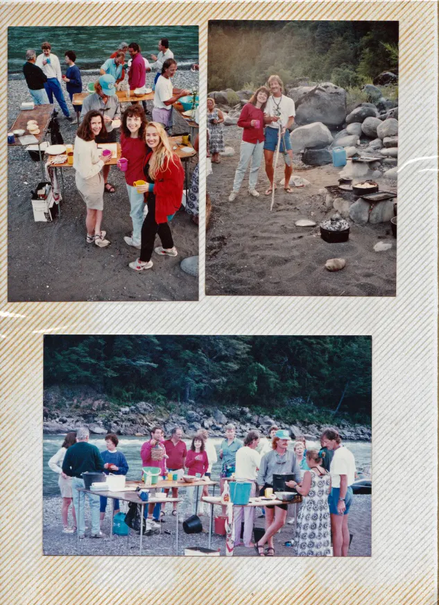 A group of people standing around a campfire.