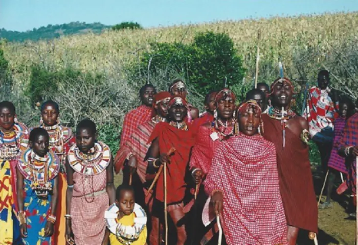 A group of people in traditional clothing standing in a field.