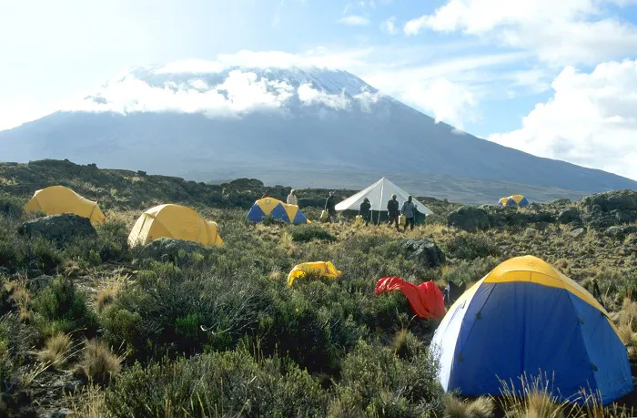 A group of tents with a mountain in the background.