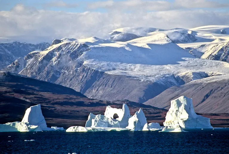 Icebergs in the water with mountains in the background.