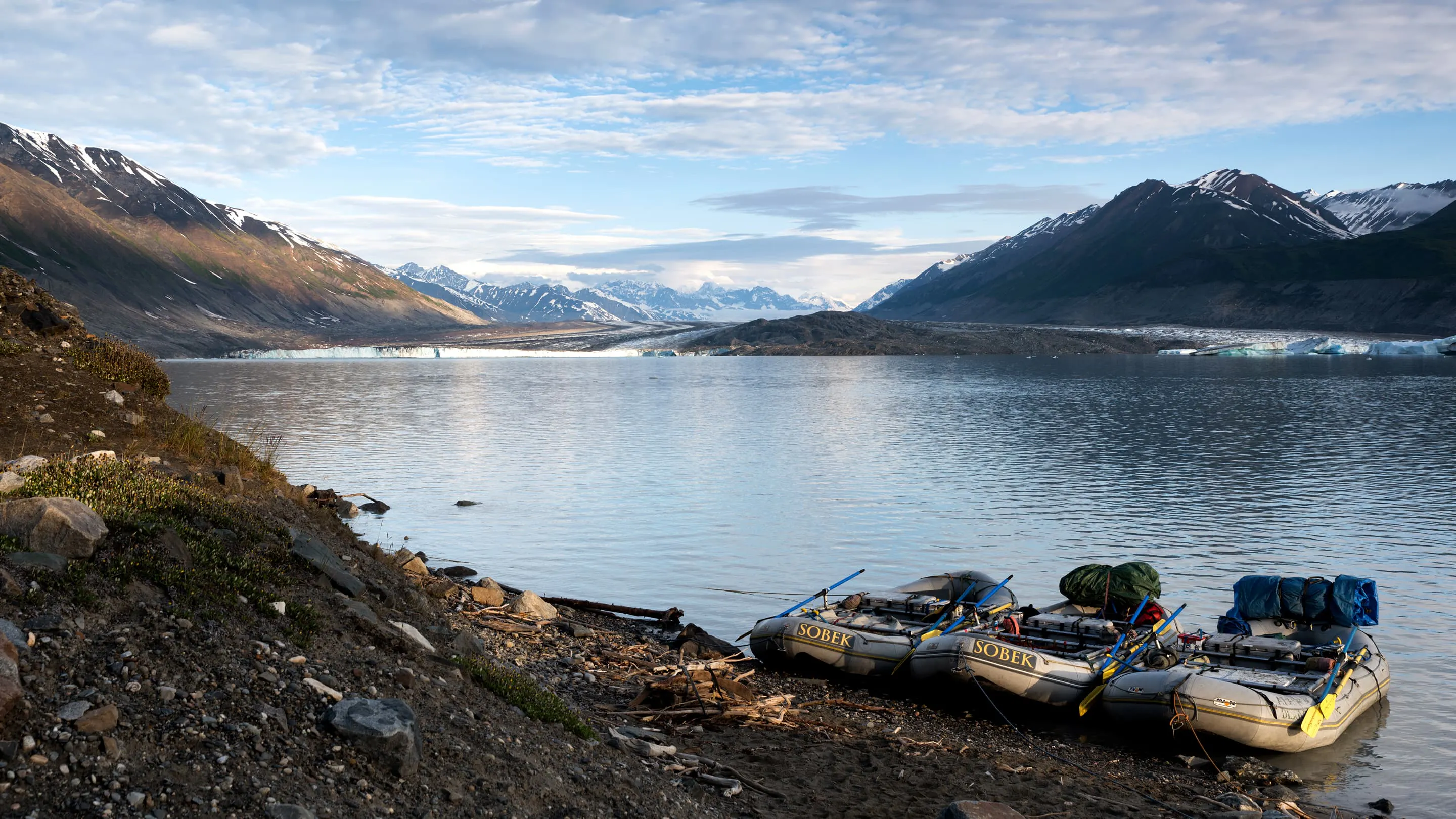 A group of boats on the shore of a body of water.