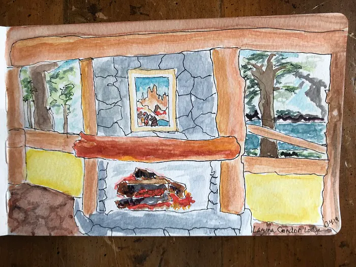 A watercolor painting of a fireplace in a cabin.