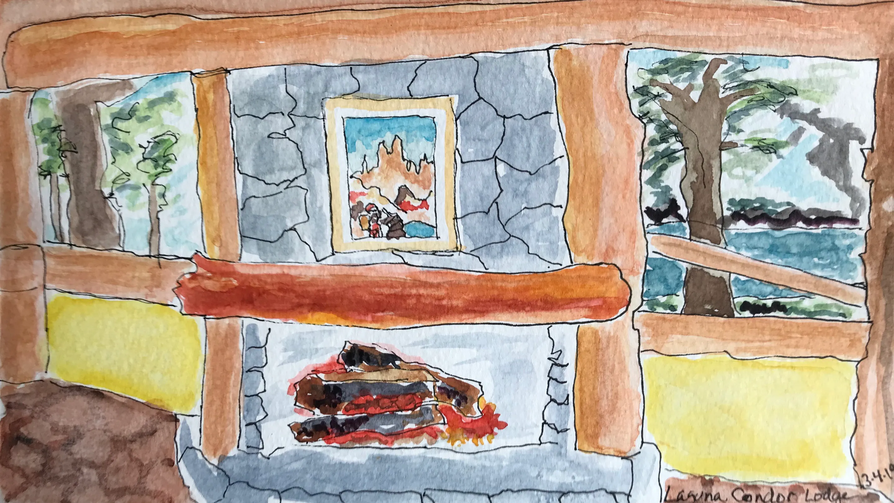 A watercolor painting of a fireplace in a cabin.