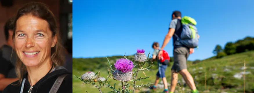 A woman with a backpack and a woman with a flower.