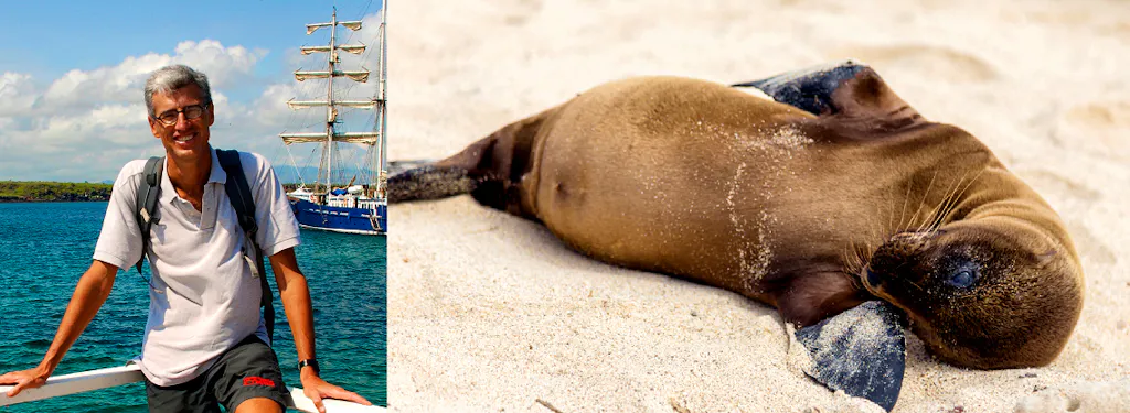 A man and a sea lion on a boat.
