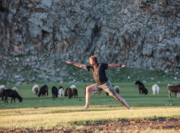 A man is doing yoga in front of a herd of sheep.