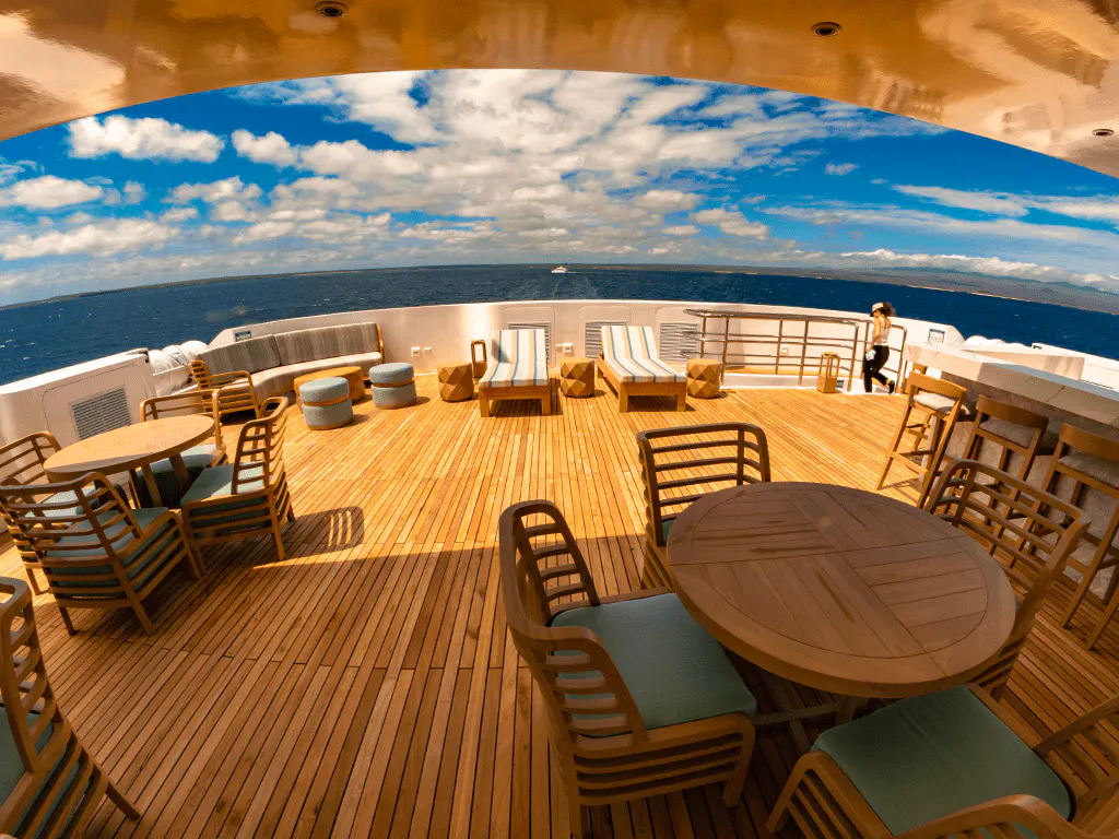 A circular view of a deck on a cruise ship.