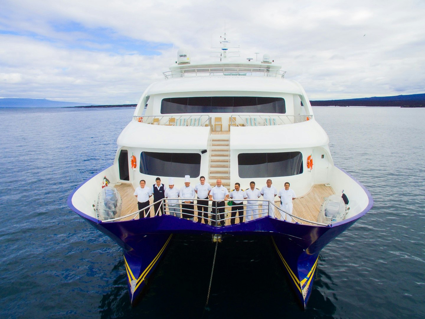 The boat is white and blue.