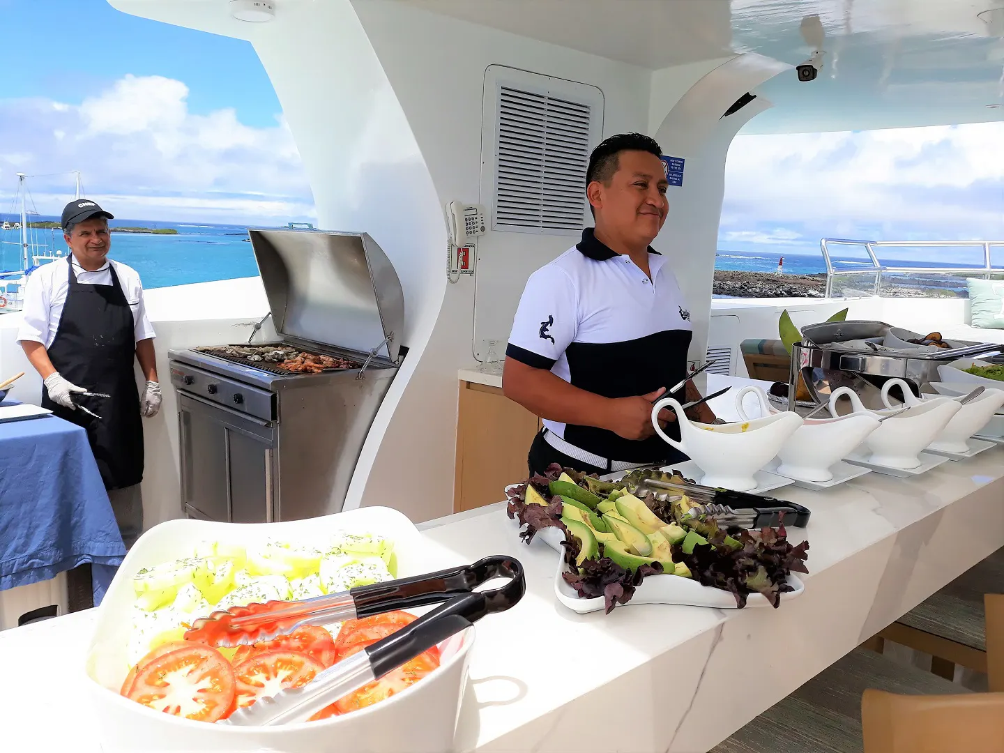 A man is preparing food on a boat.