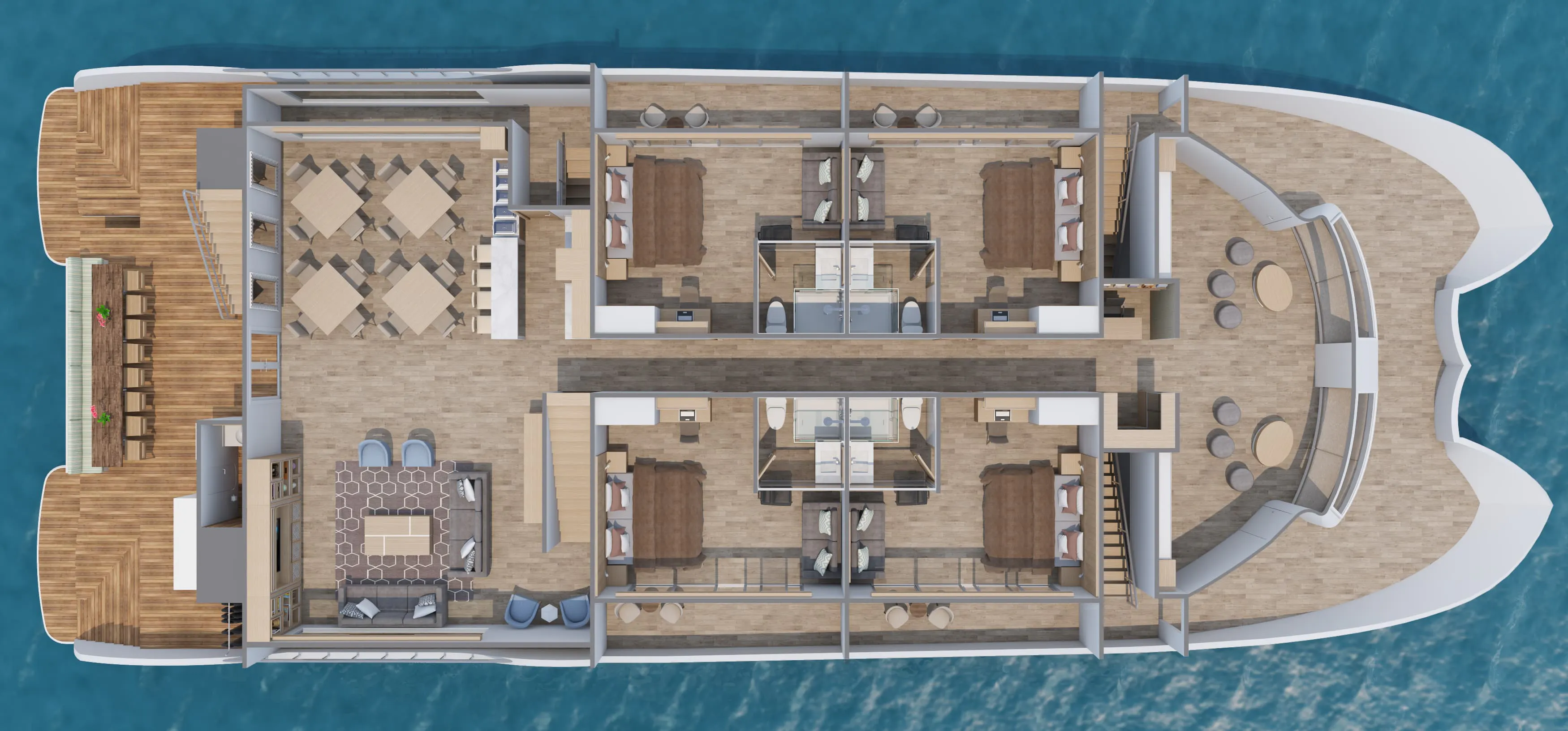 An aerial view of a large cruise ship.