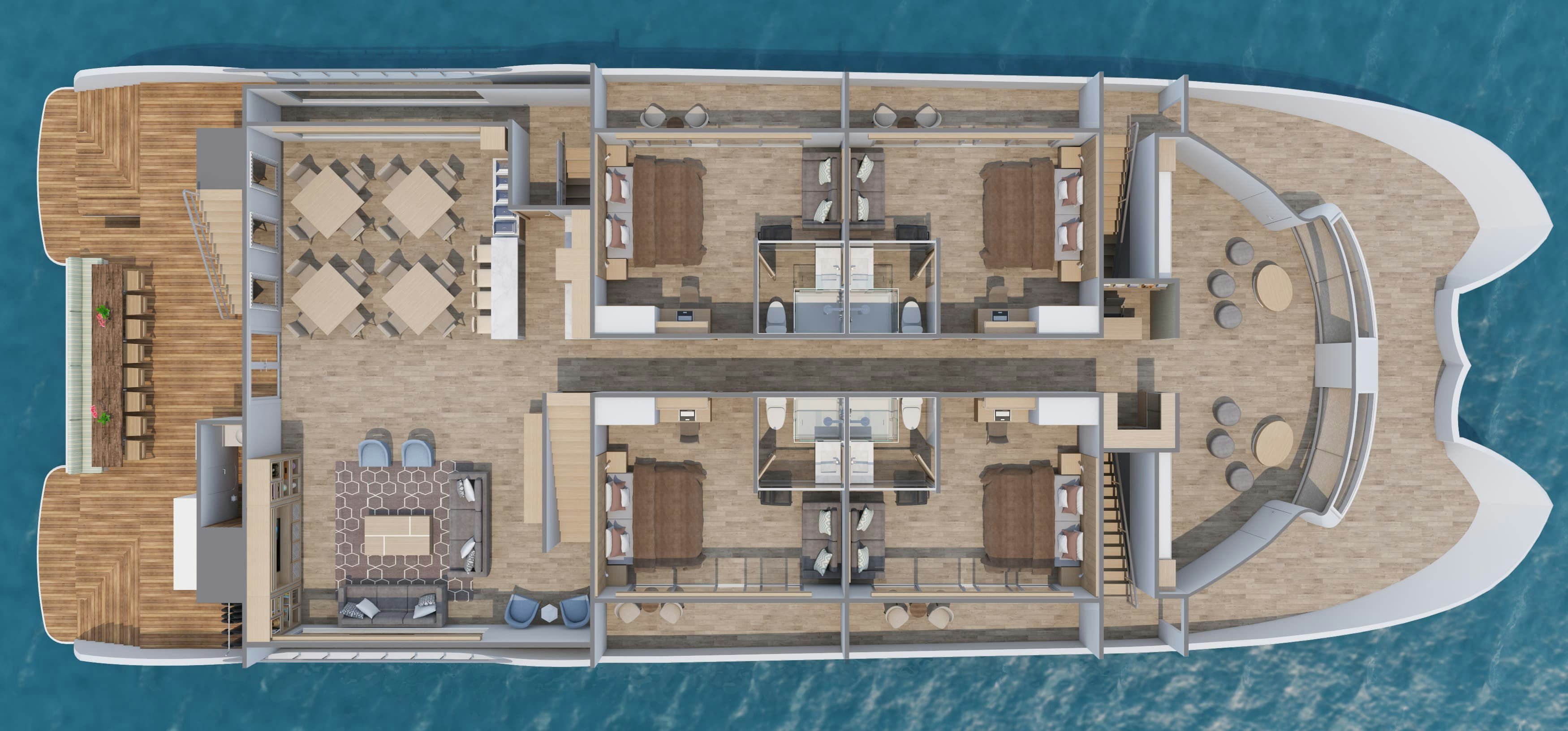 An aerial view of a large cruise ship.
