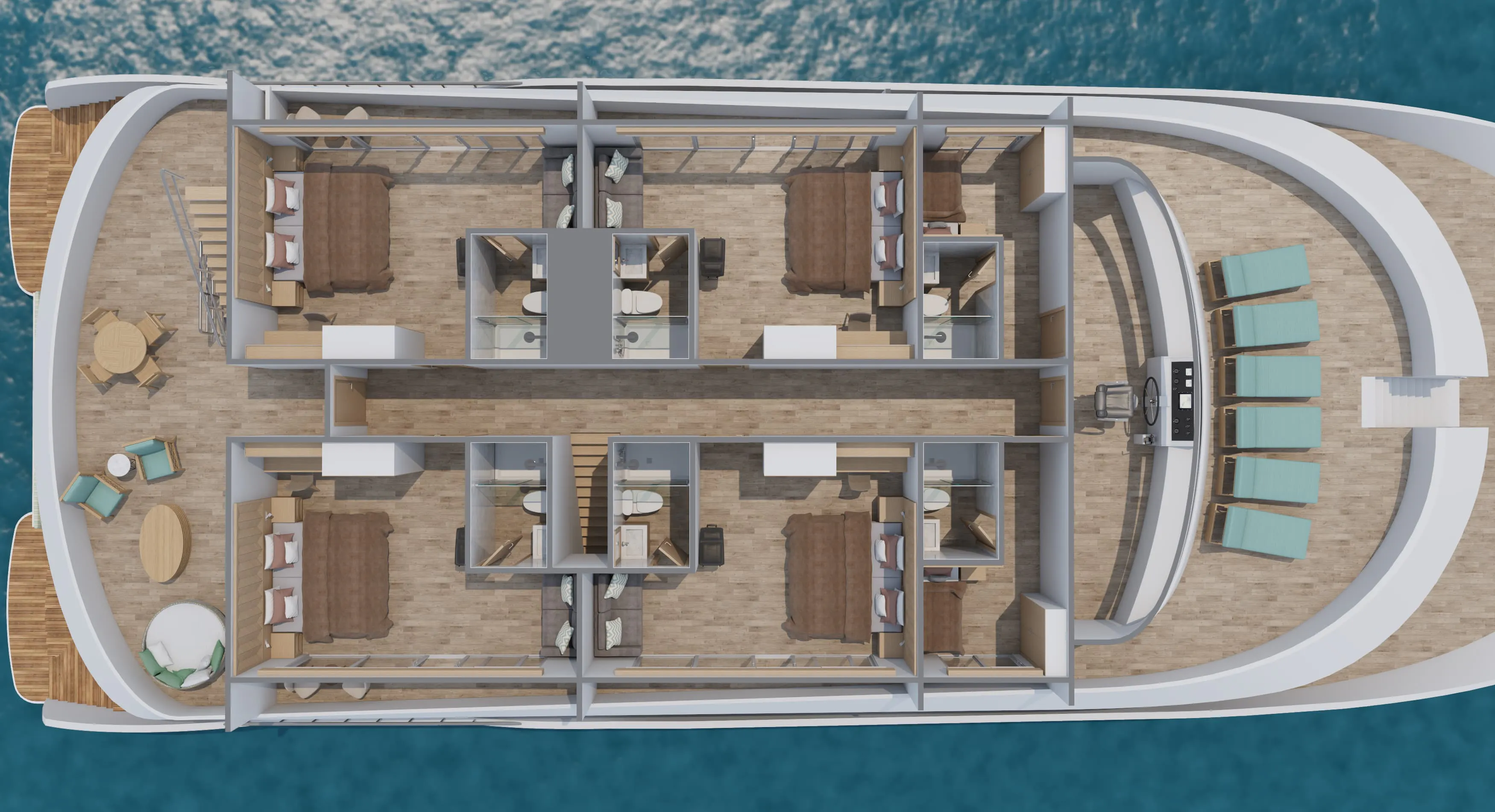 An aerial view of a cruise ship with two decks.