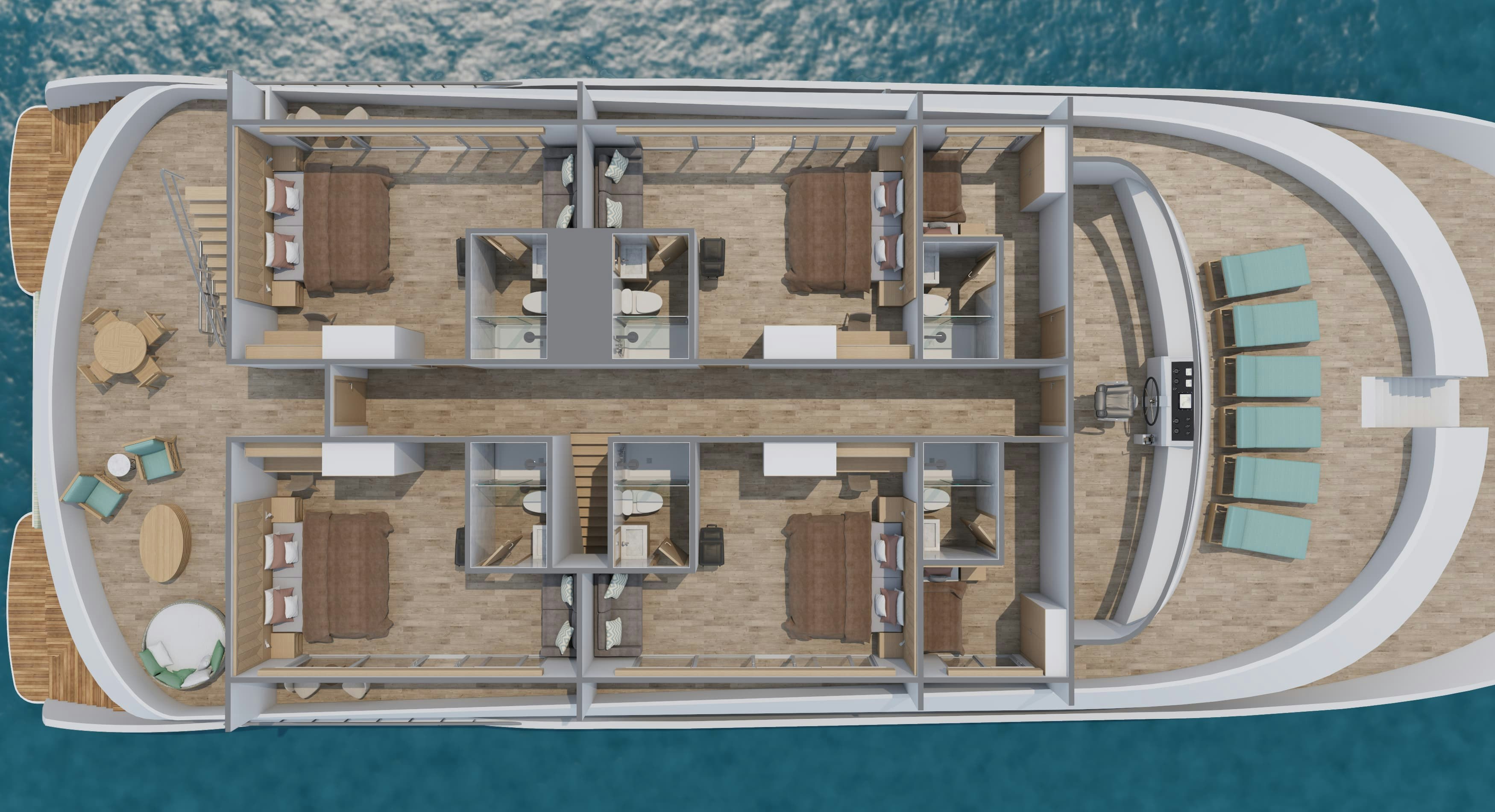 An aerial view of a cruise ship with two decks.