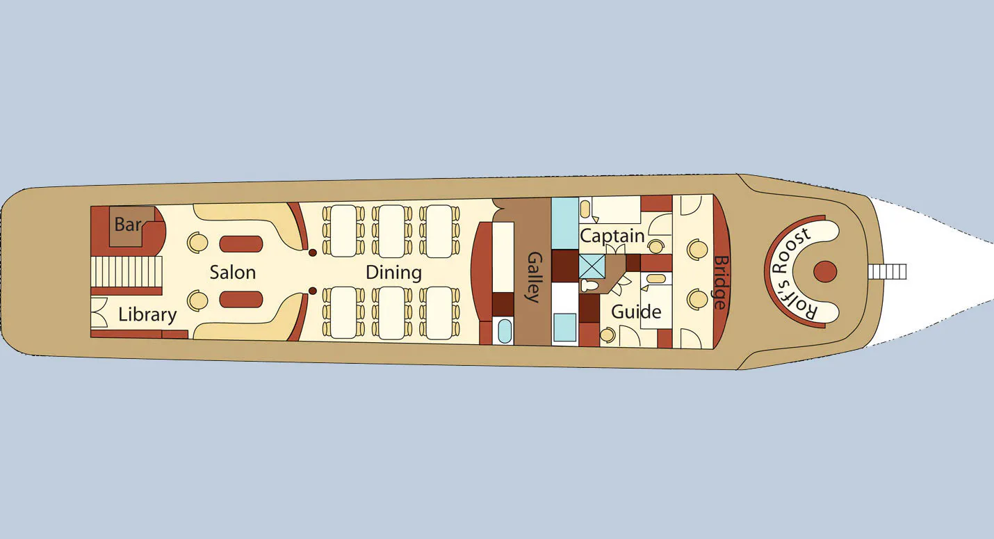 The floor plan of an adventure cruise ship.