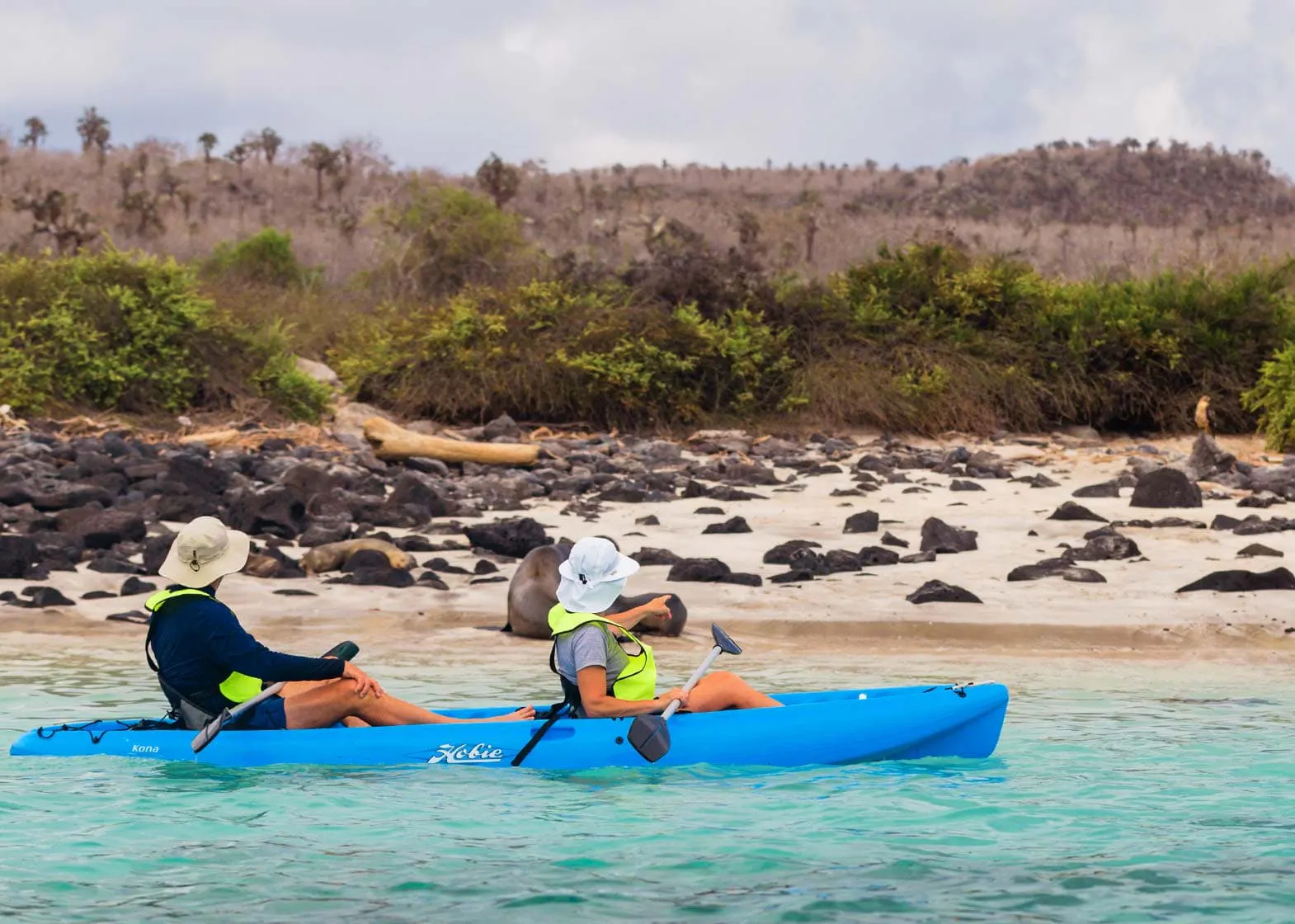 Two people explore the Galapagos Islands in a blue kayak.