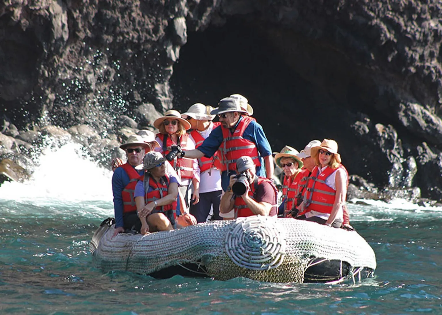 A group of people on a raft.