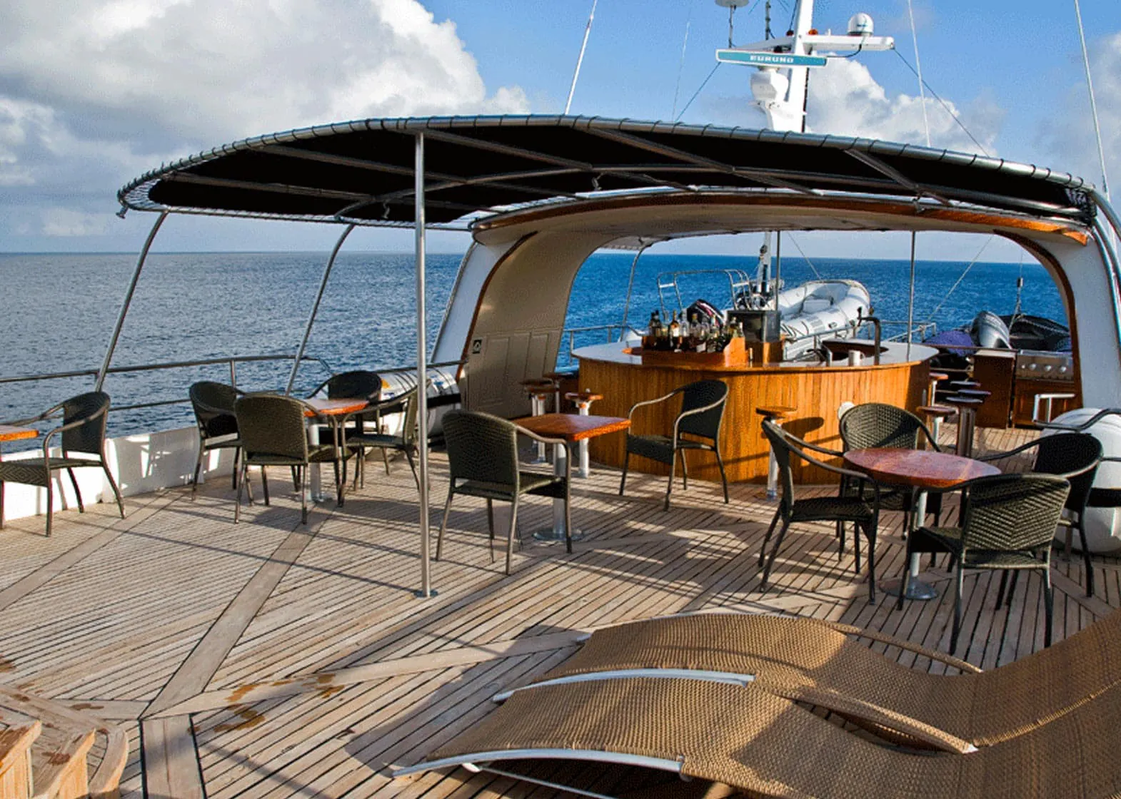 A wooden deck on an Integrity boat.