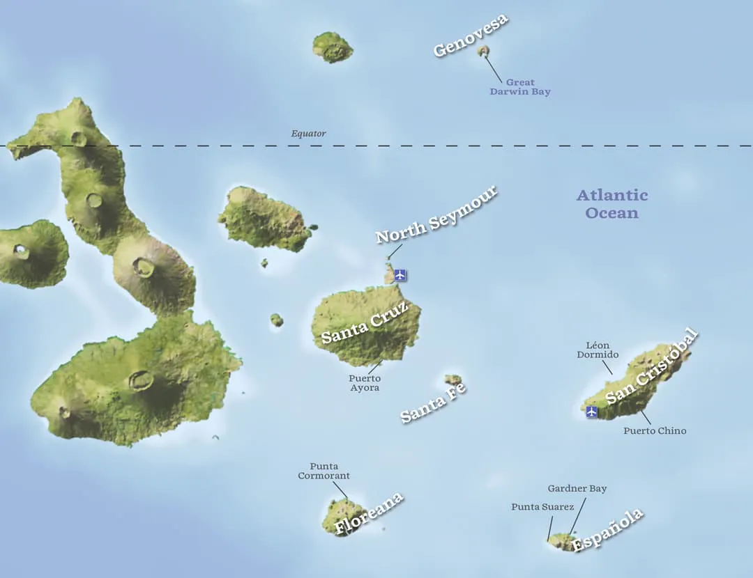 A map showcasing the Galapagos Islands in an archipelago.