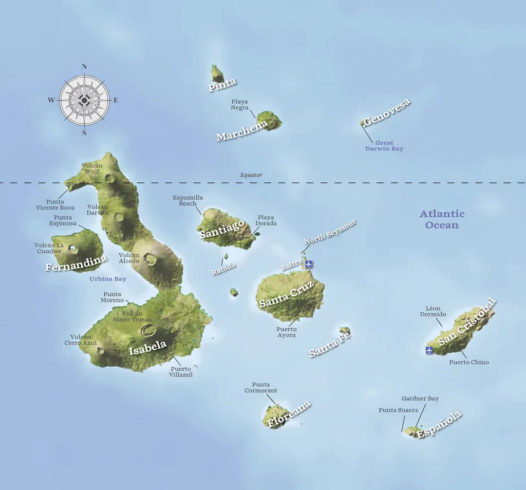 A map of the islands with a compass and a compass.
