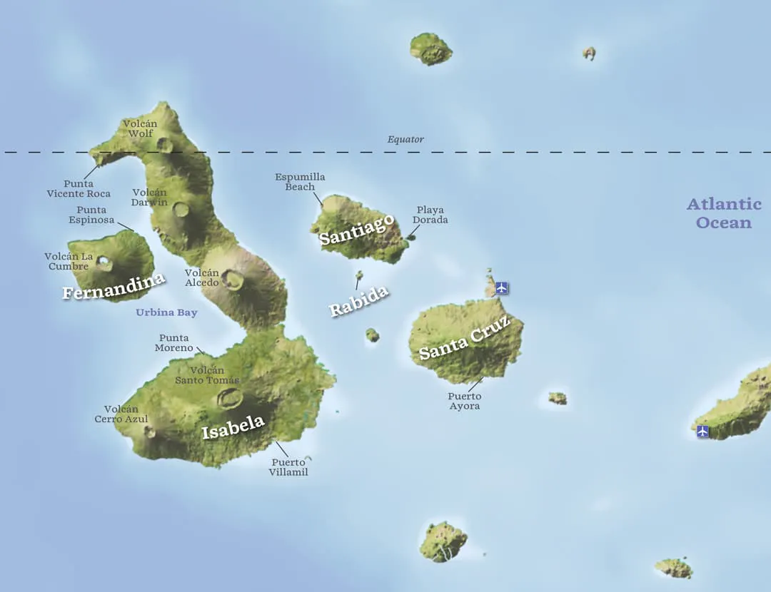 A map exploring the location of the islands in the Galapagos archipelago.