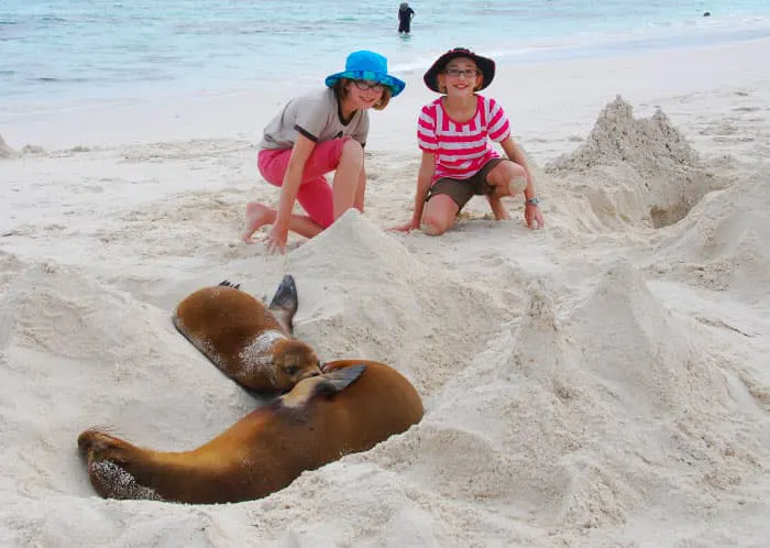 Two children posing with sea lions, guest testimonials.