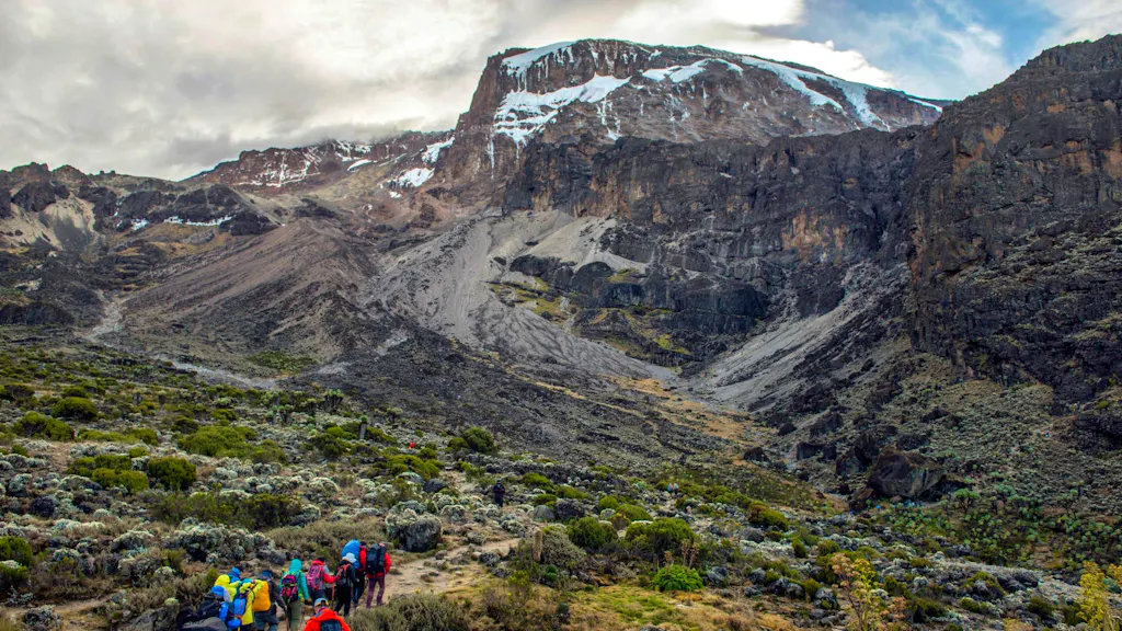 A group of people hiking up a mountain trail.