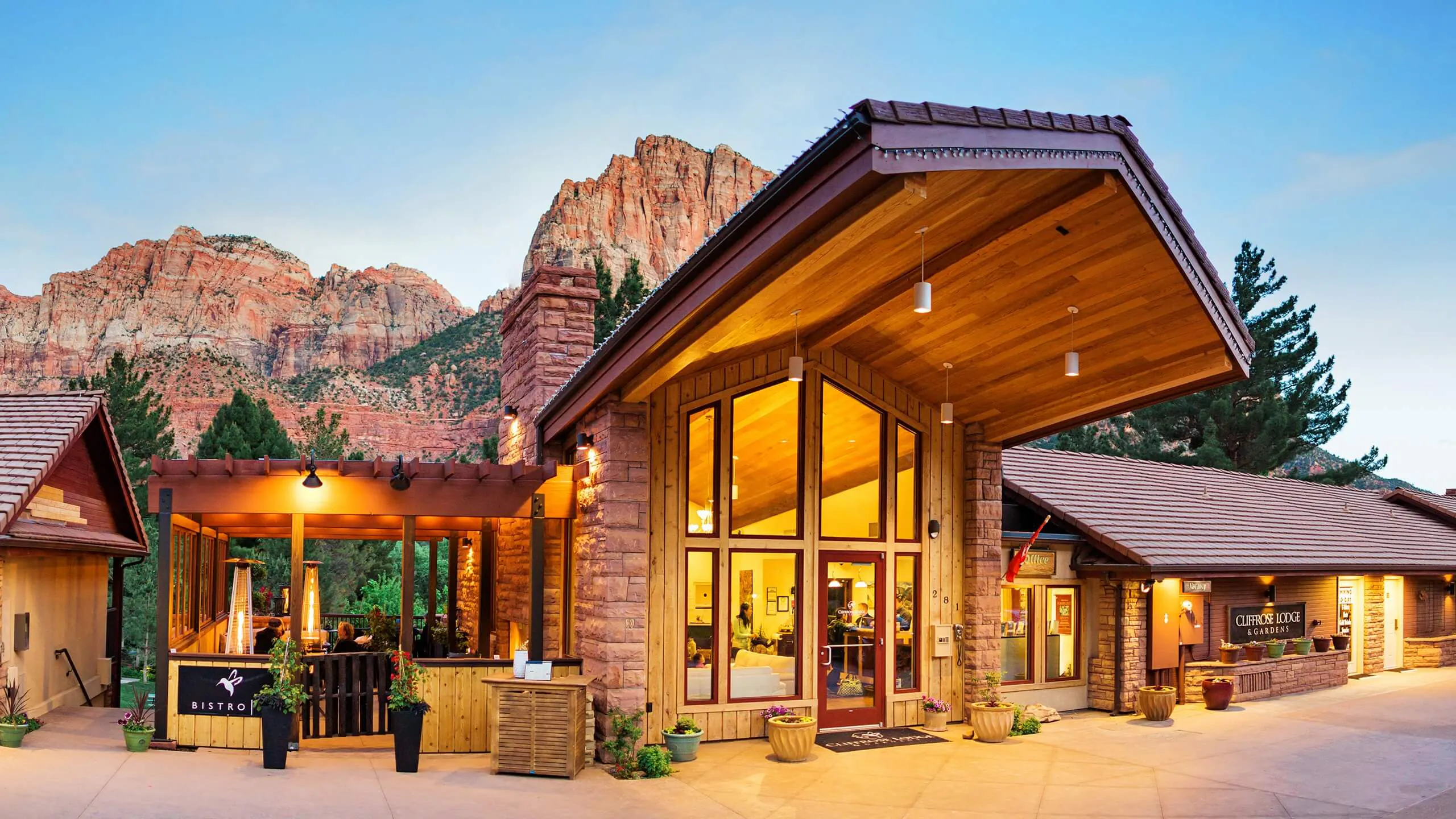 The entrance to a lodge in Zion National Park, one of Utah's Mighty Five national parks.