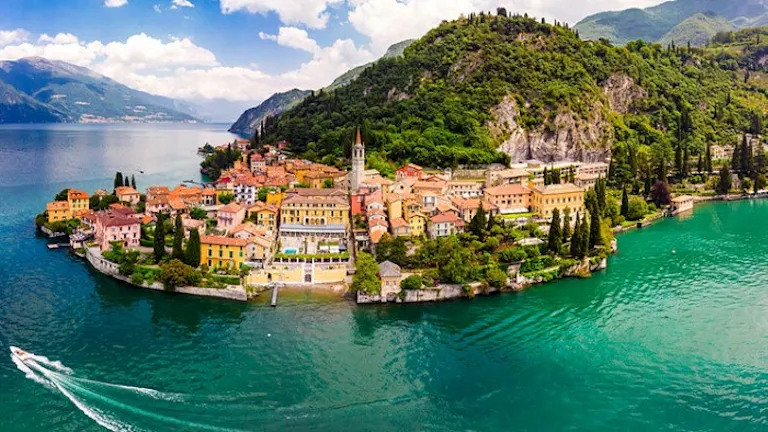 An island with top hikes in the middle of Lake Como.